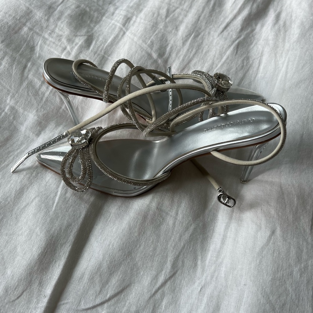 Brand new Ella Double Bow Clear Glass Slippers with Crystal Ankle Tie - Picture 7 of 9